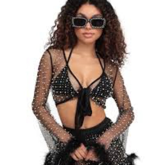 iHeartRaves Black Sheer Pearled Crop Top - Picture 1 of 2
